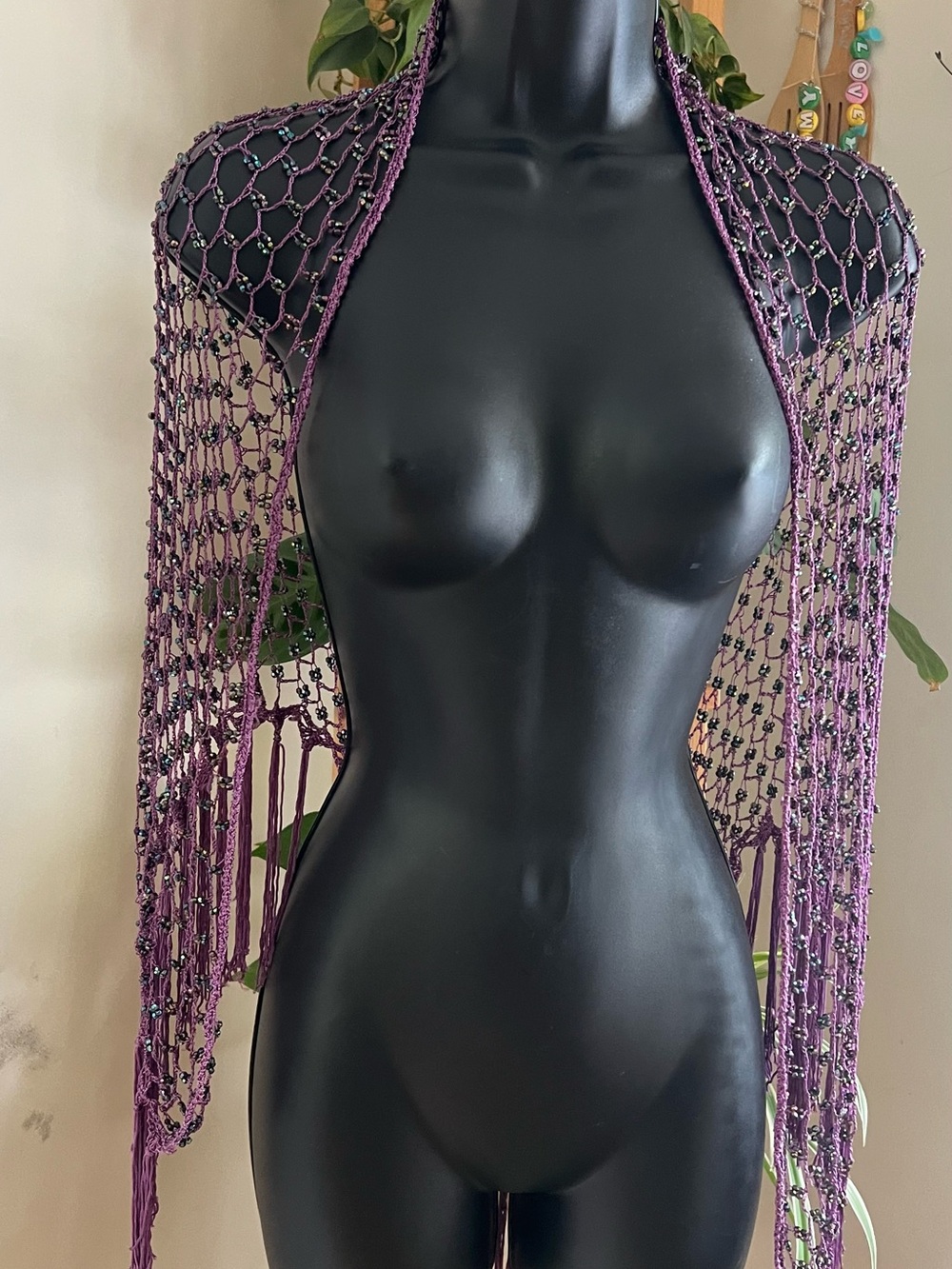 Handmade Beaded Purple Mesh Shawl